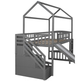 Gray Twin Size Playhouse Loft Bed With Drawers and Slide