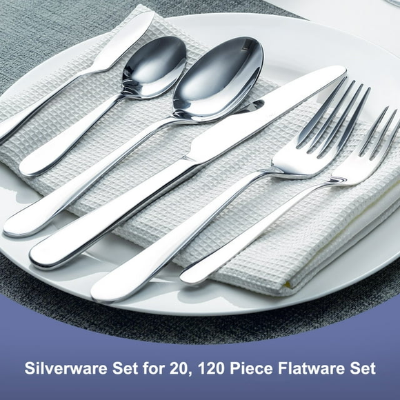 120 Piece Flatware Set for Wedding or Restaurant, Silverware Set for 20 People, Stainless Steel Flatware Sets, Mirror Polished Cutlery Utensil Set, Include Forks Spoons Knife Set, Dishwasher Safe