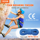 VEVOR 10.2mm Dynamic Climbing Rope, 60M(197ft) Outdoor Rock Climbing Rope 25KN Breaking Tension, Fiber Rope with Steel Snap Hooks for Escape, Rappelling, Fire Rescue, Blue