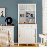 Freestanding Kitchen Pantry with Hutch Sliding Door and Drawer-White - Color: White