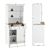 Freestanding Kitchen Pantry with Hutch Sliding Door and Drawer-White - Color: White