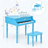 30-Key Wood Toy Kids Grand Piano with Bench and Music Rack-Blue - Color: Blue