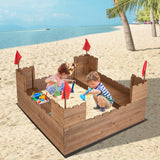 Kids Wooden Sandbox with Bottom Liner and Red Flags - Color: Natural