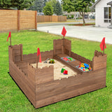 Kids Wooden Sandbox with Bottom Liner and Red Flags - Color: Natural