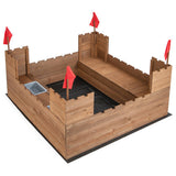 Kids Wooden Sandbox with Bottom Liner and Red Flags - Color: Natural