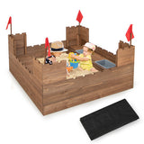 Kids Wooden Sandbox with Bottom Liner and Red Flags - Color: Natural