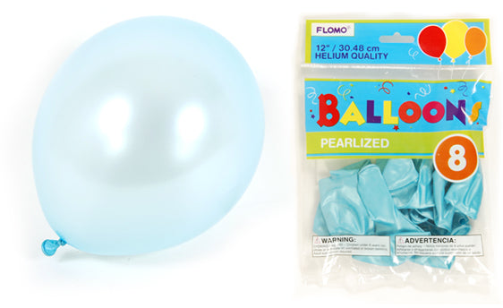 . Case of [36] Pearlized Party BallonBalloons - Pastel Blue, 8 Pack, 12