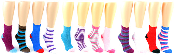 . Case of [240] Women's Fuzzy Crew Socks - Assorted, Size 9-11 .